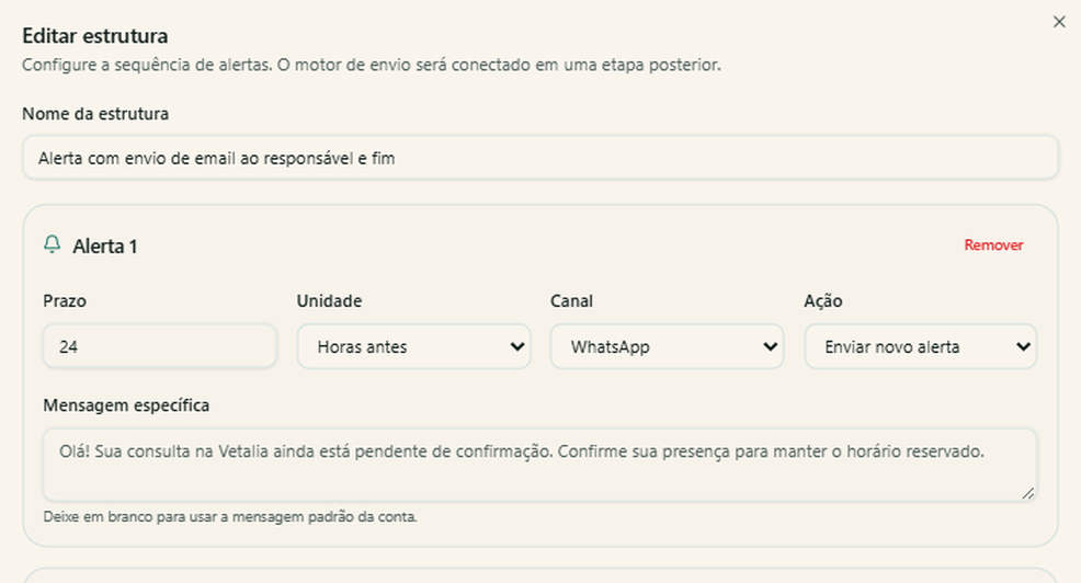 Tela da Vetalia mostrando a configuração da estrutura de alertas
