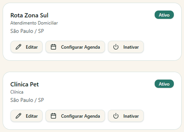 Tela da Vetalia mostrando o cadastro de locais de atendimento