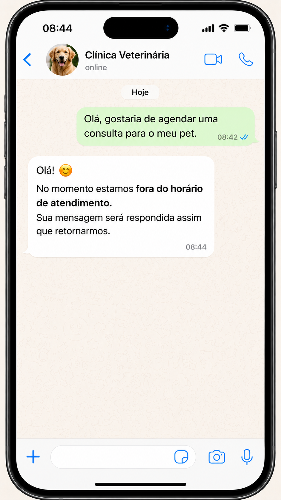Smartphone com tela de conversa de WhatsApp ilustrando o agendamento de consultas veterinárias.